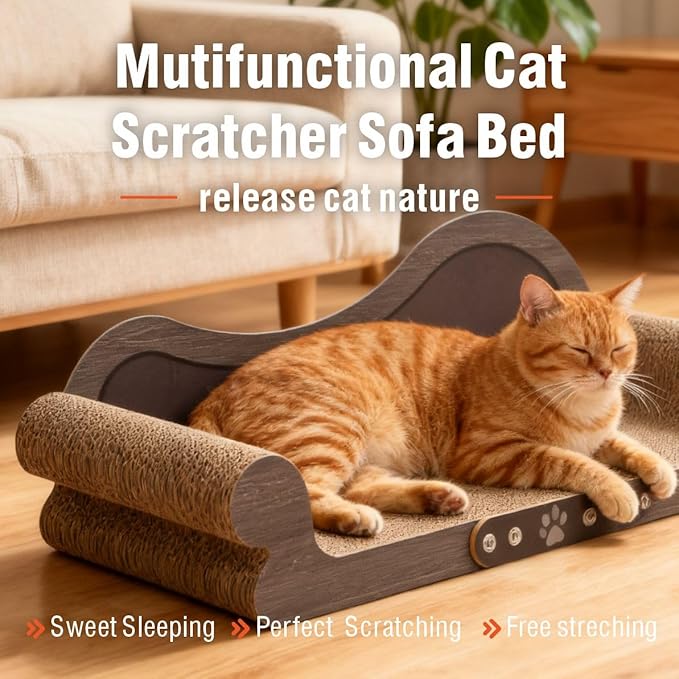 Extra Large Cat Scratcher Bed, 26.5" Sofa Shaped Cardboard Scratch Pad & Couch, Durable Cat Lounger, Furniture Protector for Large Cats & Multi-Cat Households (Wood Color)