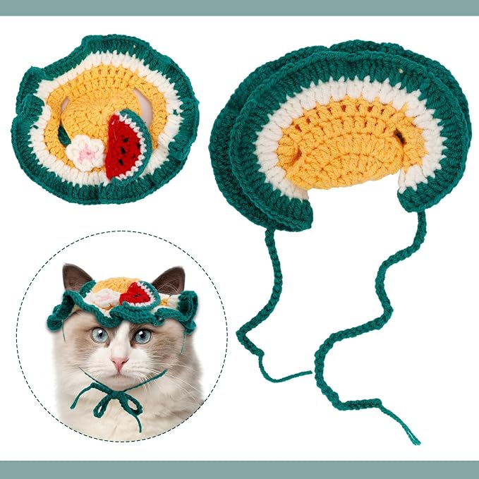 Knitted Cat Hat, Cute Small Flower Watermelon Crochet Cat Hat for Dog Puppy Pet Halloween Xmas Knit Cap Decoration(Green)