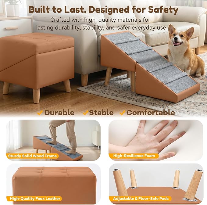 Dog Ramp & Stairs for Couch Sofas, 18.5" Extra Wide Pet Steps for Small Dogs, 15.7" H 3-in-1 Foldable Ottoman & Hidden Storage Design, Non-Slip Dog Ramp for Senior & Injured Pets (Camel)