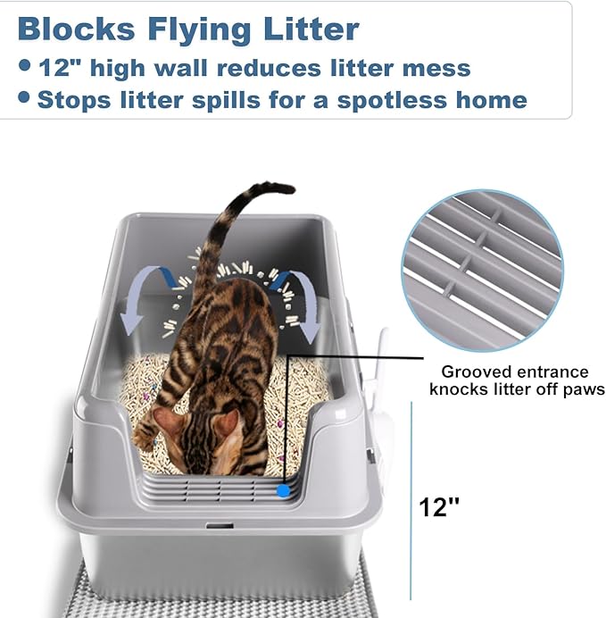 Stainless Steel Cat Litter Box with Lid - XL Extra Large Enclosed Metal Litter Pan for Big Cats, High Sided Non-Stick Odor Resistant Anti-Urine Leakage, Easy Clean with Scoop & Mat, Gray