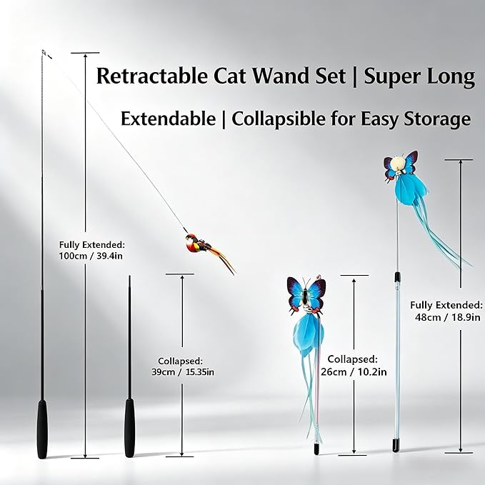 11PCS Feather Cat Toy Set, Interactive Cat Teaser Wand for Indoor Cats, 39in Cat Fishing Pole & 18.5in Telescopic Wand, 6 Feather Refills & 1 Bird Toy, Kitten Exercise Boredom Relief