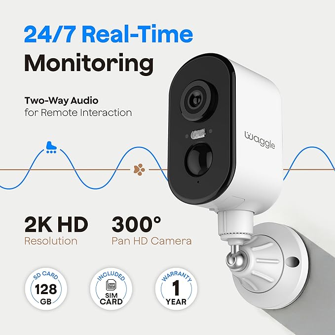 Waggle 4G LTE Cellular Security Camera, 2K HD Pet Monitor, 300° Pan, No WiFi, 9000mAh Battery, Night Vision, 2-Way Talk & Siren Alarm- RVs/Camping/Travel/Indoor & Outdoor - Subscription Required