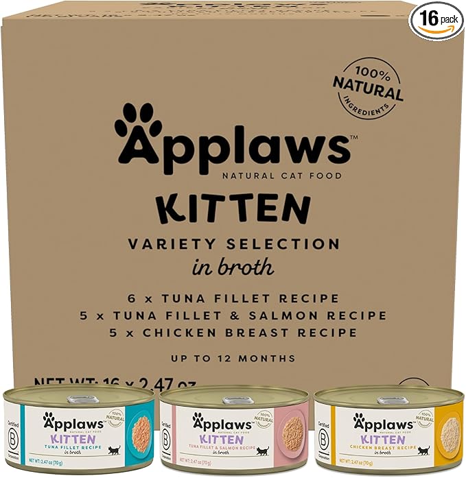 Applaws Natural Wet Kitten Food, Limited and Natural Ingredients, High Protein with No Artificial Additives, Kitten Variety in Broth (16 x 2.47oz Cans)