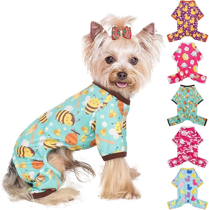 Yikeyo Dog Pajamas Small Sized Boy Girl, Cotton Stretchable Pet Clothes Jammies Puppy Outfits for Dogs Female Male, Spring Summer Doggie Pjs Doggy, Bee, L