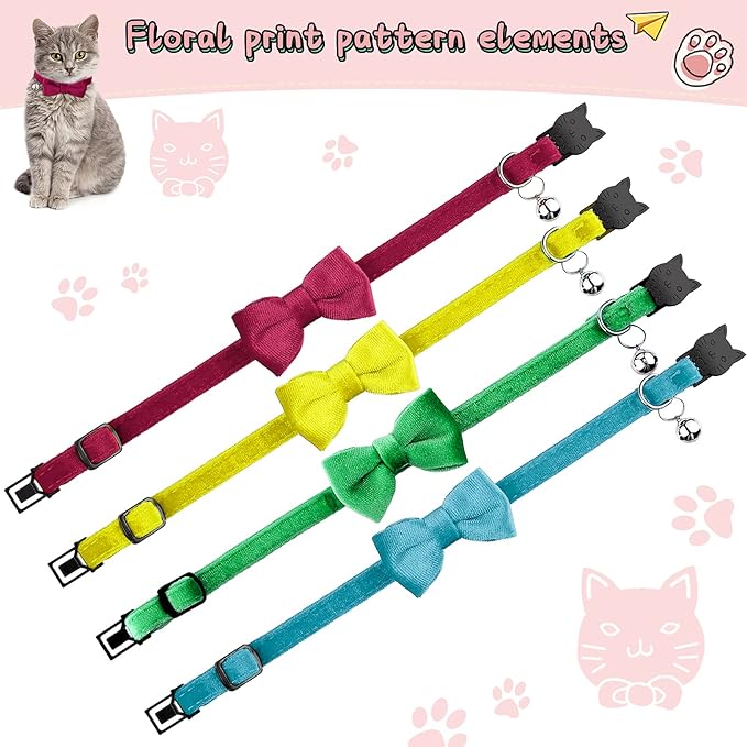 4 Pieces Cat Bow Tie Collar with Bell Breakaway Cat Comfortable Velvet with Cute Safety Pet Collar for Pet Kitten Puppy(Small,Yellow, Green, Rose Red, Blue)