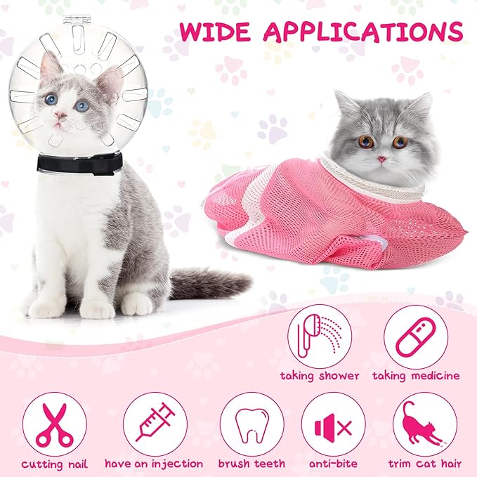 Therwen 8 Pcs Cat Bathing Bag Set Adjustable Pet Shower Net Bag Cat Helmet for Grooming Breathable Muzzle Boots Paw Covers Nail Clipper Nail File Tick Tool Massage Brush Comb Pet Trimming Cleaning