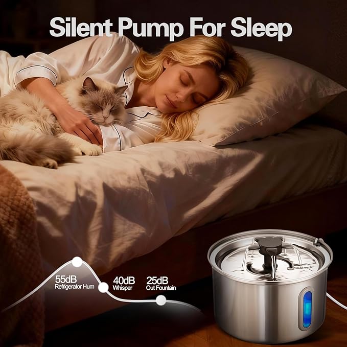 3L/101oz Stainless Steel Cat Water Fountain for Indoor Use - Ultra Quiet Automatic Cat Fountain for Drinking, BPA-Free Pet Water Dispenser for Cats/Small Dogs LED Window (2 Filters 2 Sponges)