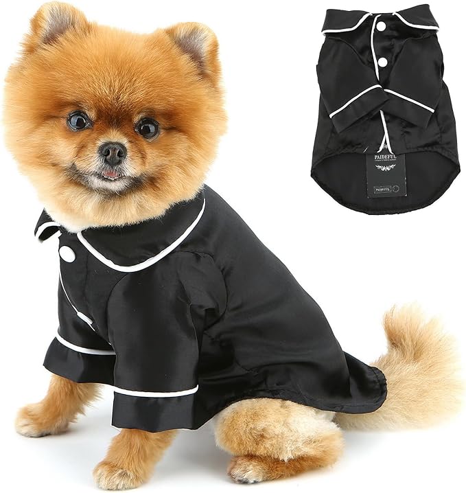 PAIDEFUL Soft Faux Silk Sleepwear for Small Dogs Cats Lapel Doggie Loungewear Lightweight Breathable Puppy Pajamas PJS Two-Legged Pet Shirt Clothes Summer Spring Chihuahua Apparel Button Up,Black,XL