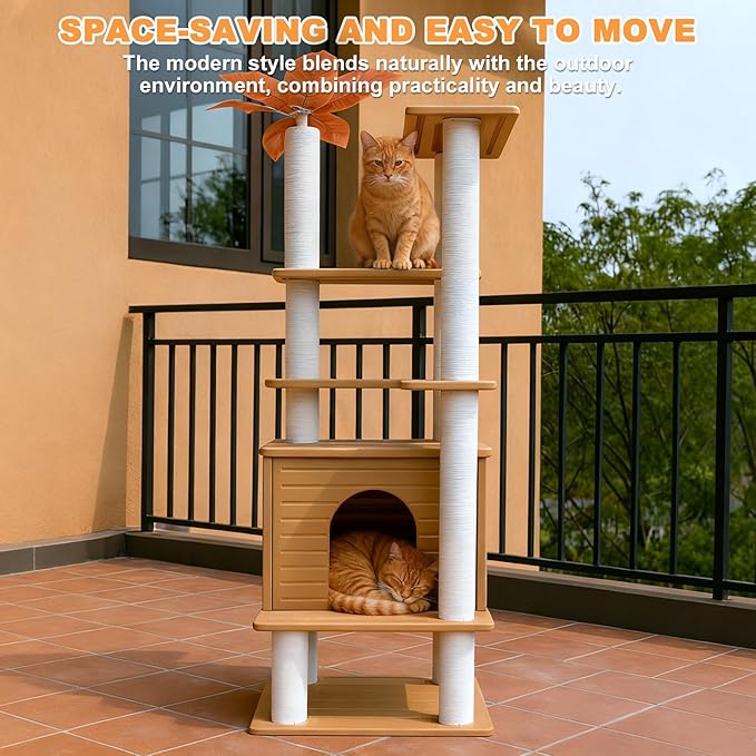 63 Inches Tall Cat Tree for Outdoor and Indoor Cats, Weatherproof Large Cat Condo with Scratching Posts