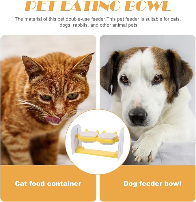 Ceramic Raised Cat Bowl Set Adjustable Height and Tilt, Yellow Non-Slip Floor Pet Bowls for Dogs and Cats, Sturdy Reusable Feeding and Watering Station