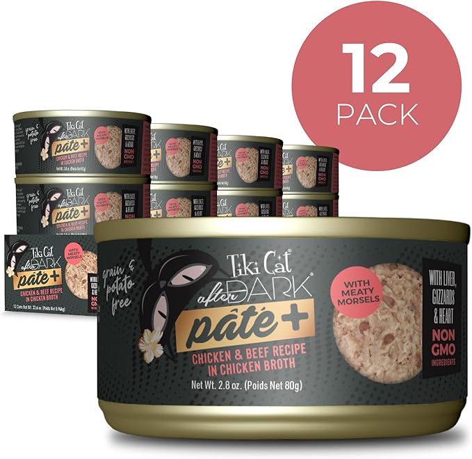 Tiki Cat After Dark Pate+ Wet Cat Food, Chicken & Beef, 2.8 oz. Cans (Pack of 12)