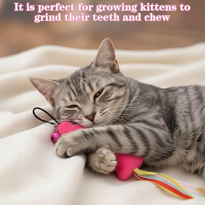 5 PCS Fish and Mice Catnip Toys Plush Filled, Cat Toys Pink Fish Catnip Toy for Cats Flopping Cats Fishs Toy Filled Soft Plush, Premium CatWandToy Accessories with Ribbons for Indoor CatKitten Play