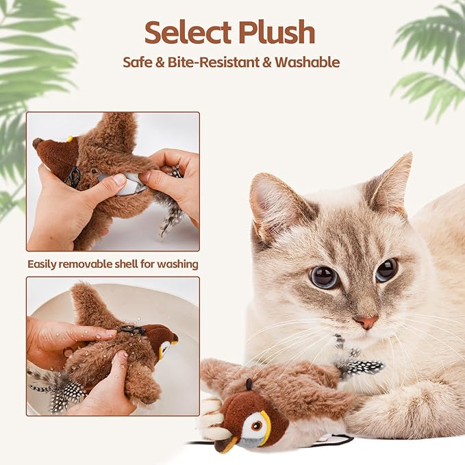 LIFLIX Flappy Bird Cat Toy for Indoor Cats, Simulated Chirping Flapping Wings Bird, Interactive Catnip Toys, Plush Kitten Exercise Toys (Brown Sparrow)