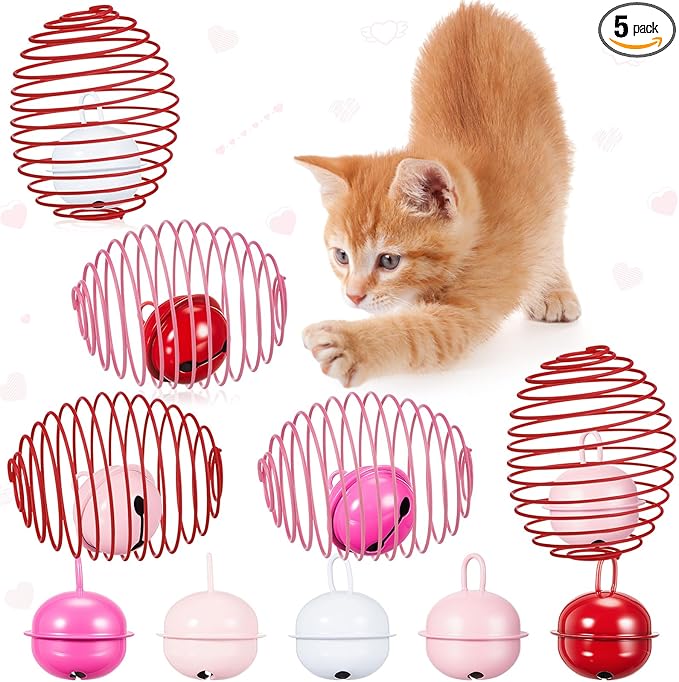Jecery 5 Pcs Cat Spring Balls Toys Stretchable Rolling Balls Colorful Playful Coils Interactive Action Toy Caged Rats for Kitten Pet Supplies (Bell,Pink Red)