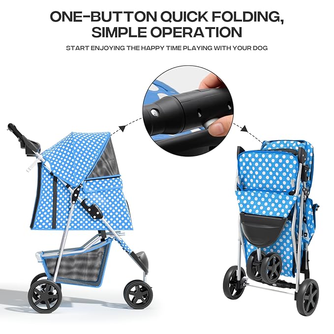 Cat Dog Stroller,3-Wheels Pet Stroller for Medium/Puppy Dogs 30 Lbs, Cat Strollers for 1 Cats, Foldable Dog Stroller with Storage Basket and Cup Holder, Breathable Mesh Blue Polka Dots