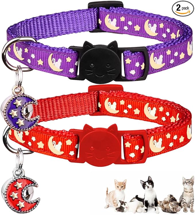 Baeuppit 2Pcs Breakaway Cats Collars Cat Collars for Boy & Girl Cats Adjustable Kitten Collars with Bell,Purple+Scarlet,8"-13.1"