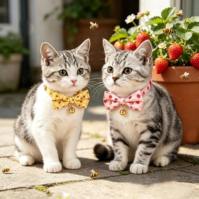 2 Pack Cute Cat Collar with Bow Tie & Bell, Adjustable Strawberry/Daisy Print Kitten Collars with Safety Breakaway Buckle for Cats & Small Dogs(Bee+Staw)