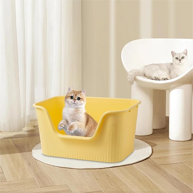 Open Top Pet Litter Box High Sided Anti Splashing Cat Toilet Sandbox with Lowered Front Entry Pet Litter Tray- Yellow S