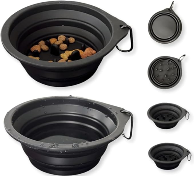 Dog Bowl Pet Collapsible Bowls, 2 Pack Collapsible Dog Water Bowls for Cats Dogs, Portable Pet Feeding Watering Dish for Walking Parking Traveling with 2 Carabiners (Large, Black+Black)