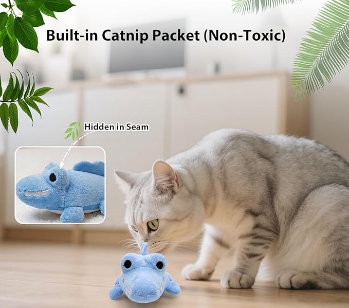 Interactive Cat Toys for Indoor Cats – Auto Moving Alligator with 360° Random Movement & Tail Wagging, Rechargeable Cat Exercise Toy with Catnip, Self-Play Fun for Bored Adult Cats-Blue