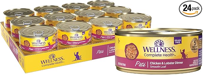 Wellness Complete Health Pate Adult Canned Wet Cat Food, Natural, Protein Rich, Grain Free, Chicken and Lobster Dinner Recipe, 5.5 oz, Pack of 24 Cans
