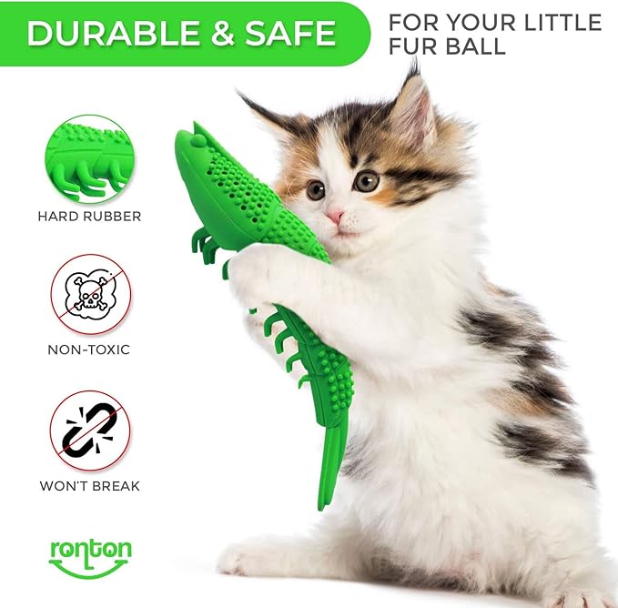 Ronton Cat Toothbrush Catnip Toy - Durable Hard Rubber - Dental Care, Cat Interactive Toothbrush Chew Toy (1 Pack Green (Shrimp)