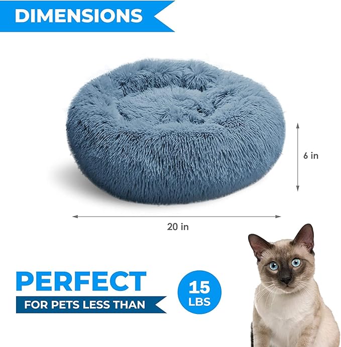 Whiskers & Friends Cat Beds for Indoor Cats, Fluffy Calming Donut Cat Bed, Small Dog Bed Washable - Orthopedic Soft Plush Pet Beds Sized for Kitten to Large Cats & Puppy to Small Dogs - Navy Grey 20''