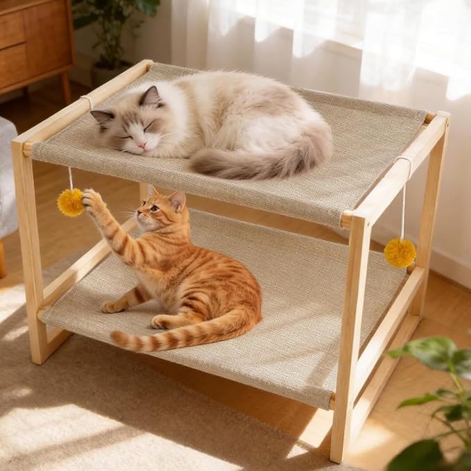 2 Layer Cat Hammock Bed, Pine Wood Bunk Bed for Cats with Removable Washable Cover, 45 lbs/Tier Capacity, Elevated Pet Bed Includes Tools & Toys (23.6" x 16.5" x 13")