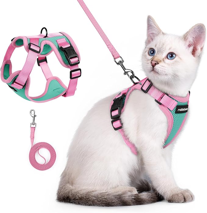 rabbitgoo Cat Harness and Leash Set, Escape Proof Soft Adjustable Vest Harnesses for Outdoor Walking, Easy Control Breathable Kitten Jacket with Reflective Strips, Green & Pink, XXS