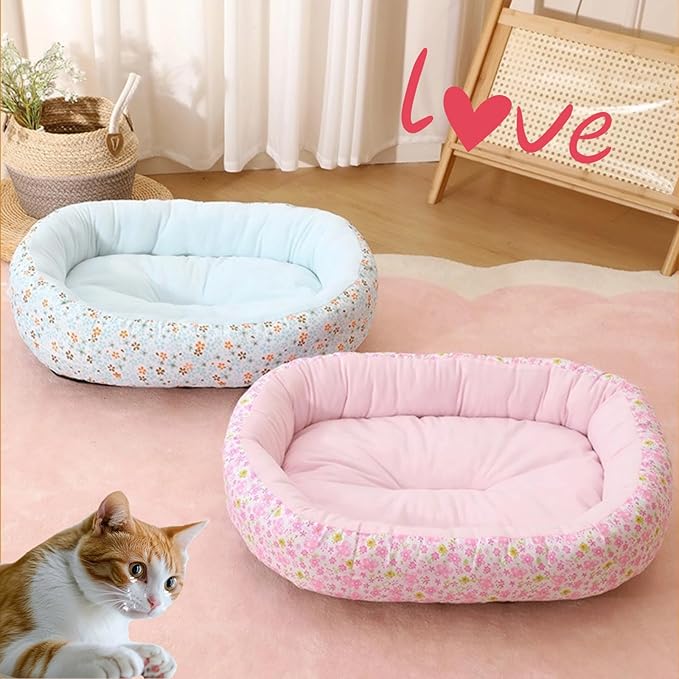 Floral Print Cat Beds for Indoor Cats Cozy Plush Fabric, Supportive Raised Sides, Non-Slip Bottom Washable Mat for Small Medium Pet Puppy Dog (Pink,Medium)