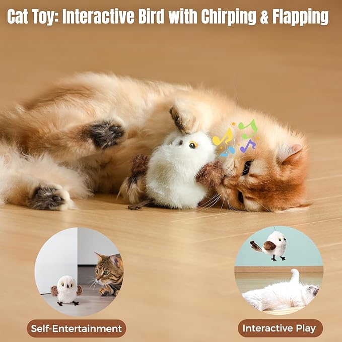 Cat Toys Flapping Bird Titmouse, Interactive Cat Kicker with 3 Modes, Touch Activated, Catnip Pouch, USB Rechargeable, Washable Plush Cover for Indoor Cats