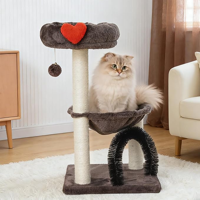 27.8" Small Cat Tree Tower for Indoor Cats, Multi-Level Cute Cat Tree with Scratching Post| Plush Hammock| Perch| Replaceable Cover| Groomer Brush| Dangling Ball for Kittens Play & Rest