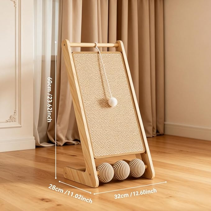 Sisal Cat Scratching Board, 23" Scratching Ramp for Indoor Kitty, L-Shaped Wooden Cat Furniture with Hanging Ball, Multi-Functional Cat Toy, Meets Scratching, Tapping & Pouncing Needs