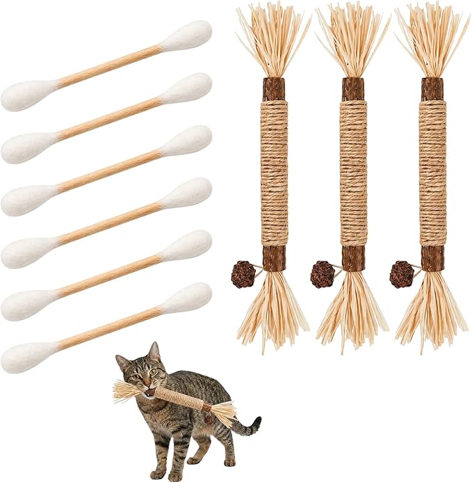 Qtip Cat Toy, Giant Qtip Cat Toy, 9 Pcs with Cotton Swab Design, Interactive Play for Indoor Cats and Kittens, Dental Teething Support and Catnip Entertainment