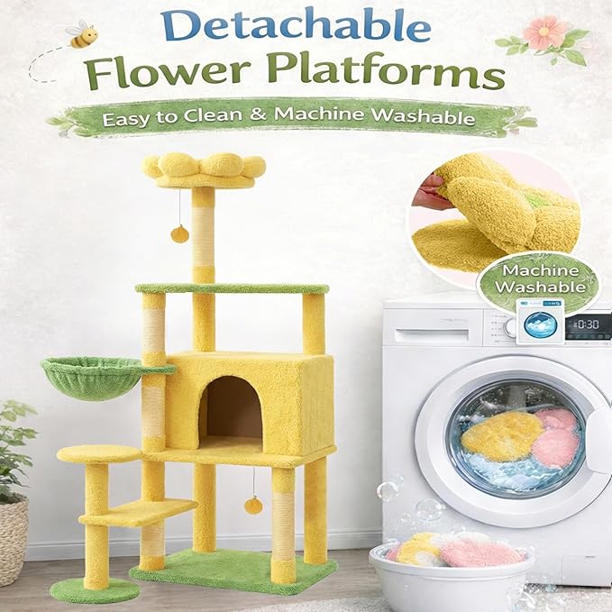 Flower Cat Tree 56 Inches，Large Cat Tower with Detachable Flower Cushions and Hiding Condo, Yellow Cat Tree with Hammock Bed, Interactive Toys and Scratching Posts for Indoor Cats