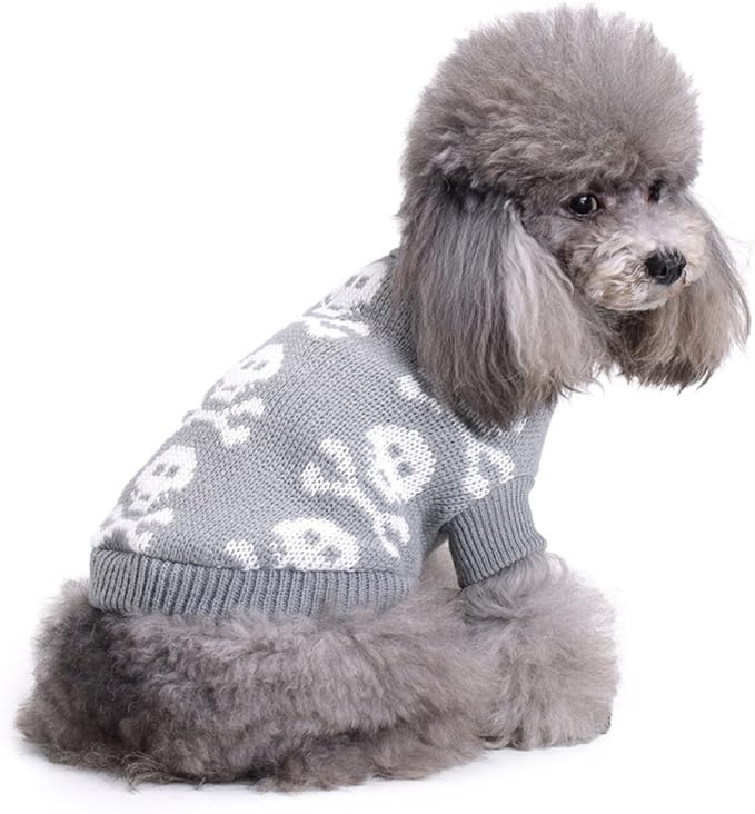 S-Lifeeling Skull Dog Sweater Holiday Halloween Christmas Pet Clothes Soft Comfortable Dog Clothes - Grey (Dog - Back Length 16")