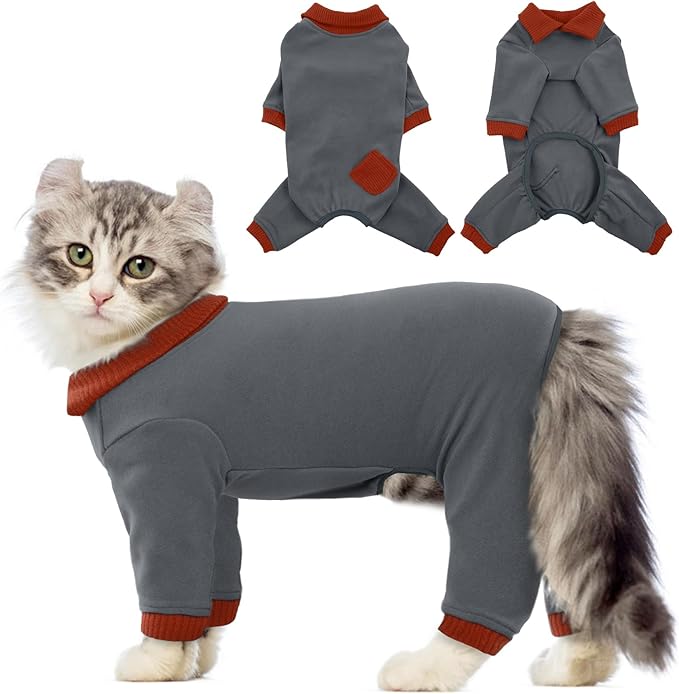 QBLEEV Sticky Hair Cat Clothes, Soft Cat Pajamas for Cats Only, Prevent Lost Fur Kitten Sweater Onesie, Stretchy Recovery Suit for Female Male Cats After Surgery Daily Wear, Grey, XXL