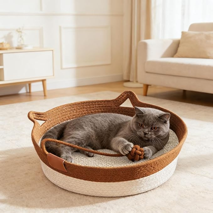 Instinct Basket for Cats - Handwoven Cotton Rope Enrichment Bed with Attached Toy Tail, Scratchable Interactive Pet Nest Features Flexible Walls to Fight Boredom & Protect Furniture (Brown)