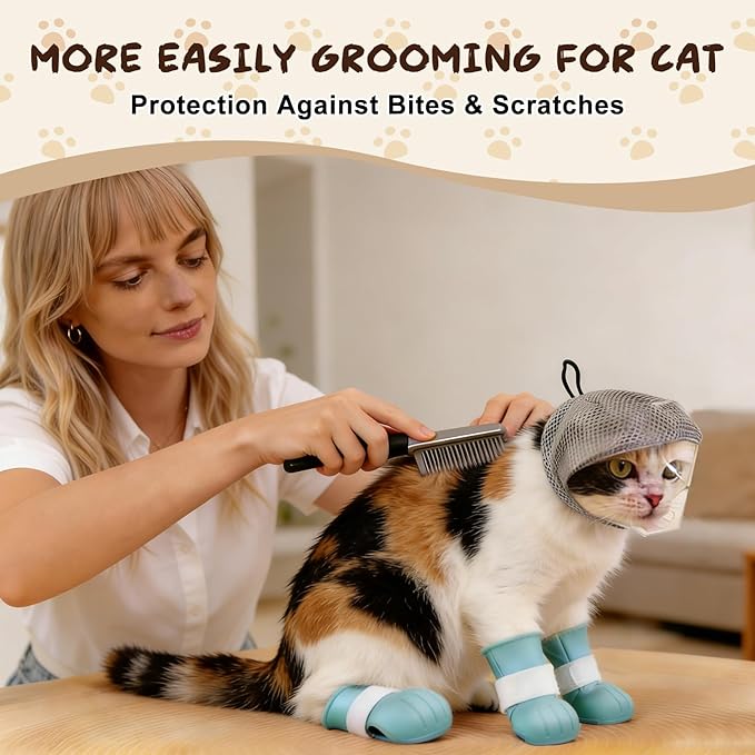 Adjustable Cat Muzzle for Grooming with 4 Paw Cover, Breathable Mesh Cat Head Cover, Anti-Bite Cats Mask, Silicone Paw Protector for Nail Trimming, Bathing (M)