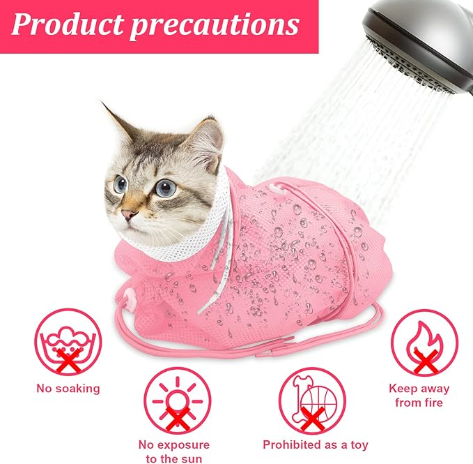 Catcan Cat Bathing Bag, Breathable Cat Grooming Bag, Anti Scratch Adjustable Cats Shower Washing Bag with Mesh for Nail Trimming