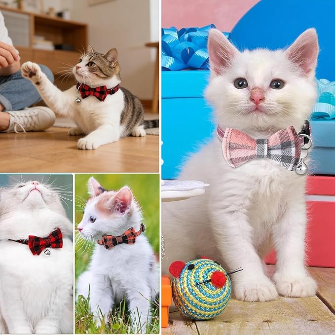 6 Pack Breakaway Cat Collar Bow Tie, Soft Plaid Kitten Collars with Bells Adjustable Buckle 8-12 in Quick Release for Small Pet