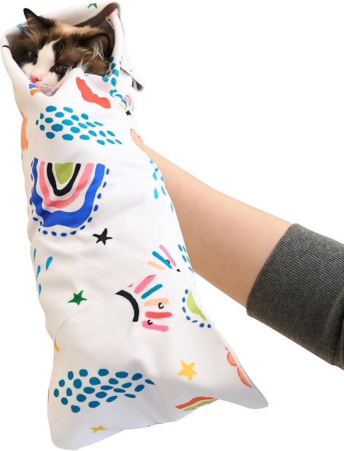 21.7'' Cat Grooming Wrap for Cutting Nails Self-Adhesive Soft Polyester Fabric Swaddle Wrap for Cats Anti-Scratch Anti-Escape Restraint for Nail Clipping Pet Cleaning and Beauty (Rainbow,L)
