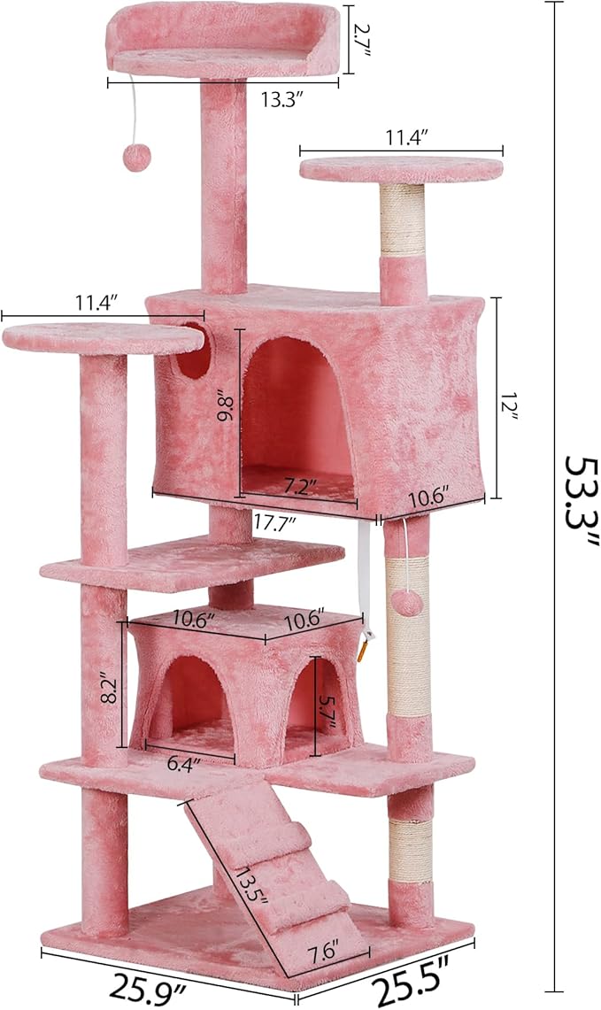 52” Multi-Level Cat Tree Condo Furniture Kitten Activity Play House Bed Pet Kitty Climbing Tower with Scratching Posts/Plush Perch/Scratcher Ladder/Tunnel for Cats,Kittens,Pets (Pink)