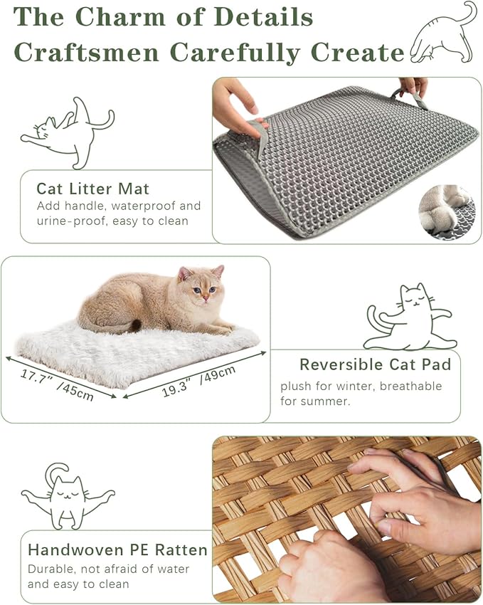 SETVSON Cat Litter Box Enclosure Furniture with One Cat Bed Pad, Hidden Litter Box Handwoven Rattan Cat House with Two S-Shaped Hooks for Living Room, Bedroom, 18.5 x 20.5 x 19.1 Inch,Natural