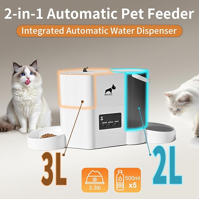 Automatic Cat Feeder 5G/2.4GHz WiFi Feeder and Waterer 2-in-1 Set for Pets, Pet Feeder up to 10Meals per Day, App-Controlled, 3L Food Tank & 2L Water Tank for Cats and Small Dogs