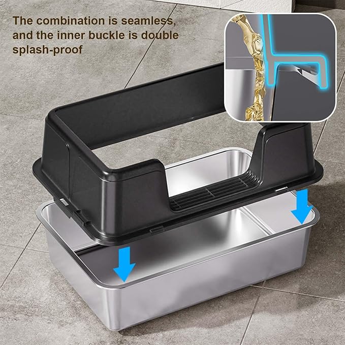 Stainless Steel Cat Litter Box, Extra Large Covered Litter Box for Big Cats, Enclosure XXL Metal Litter Pan Tray, High Sided,Anti-Leakage,Easy Cleaning, Non-Sticky,23.6 x 15.7 x 14.37,B