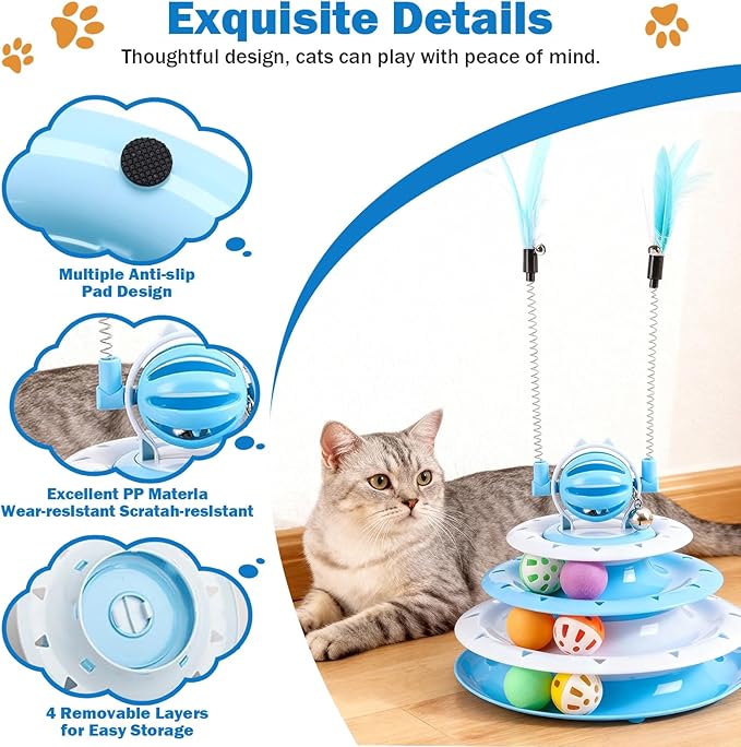 Cat Turntable Toy Ball - Interactive Kitten Toys & Toys for Indoor Cats with 6 Colorful Balls & 2 Cat Teaser Wands, Fun Mental & Physical Exercise Puzzle Plaything for Kitty Kitten to Play (Pink)