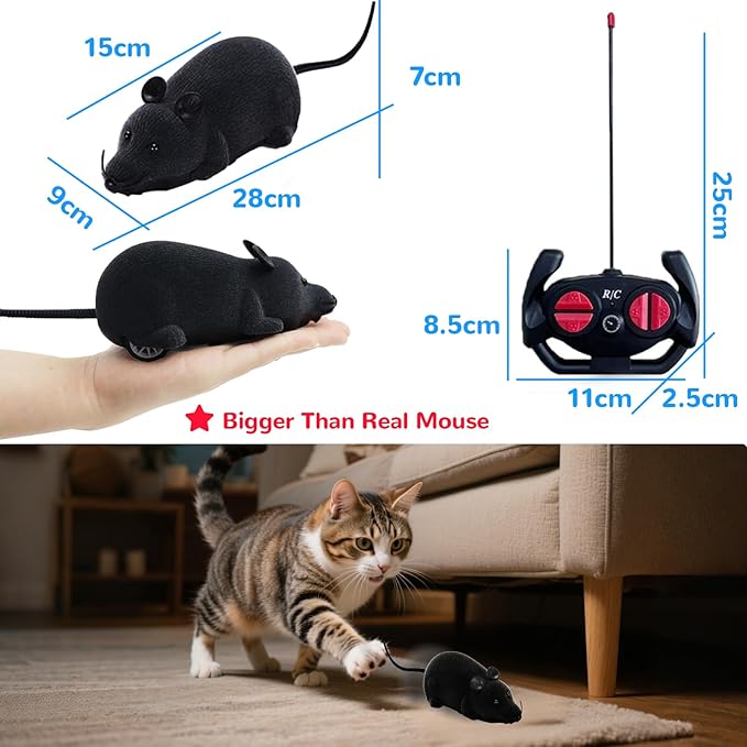 Remote Control Rat Mouse Cat Toy Realistic RC Fake Rat Mouse Toy Flocking Wireless Funny Chasing Electronic Interactive Cat Toys Prank Joke Scary Trick Rats for Cats Dogs Novelty (Black)