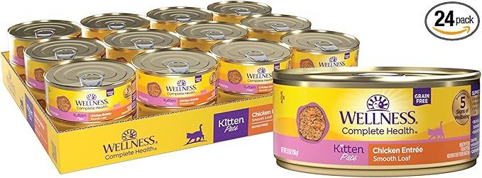 Wellness Complete Health Pate Kitten Canned Wet Cat Food, Natural, Protein Rich, Grain Free, Chicken Entrée Recipe, 5.5 oz, Pack of 24 Cans