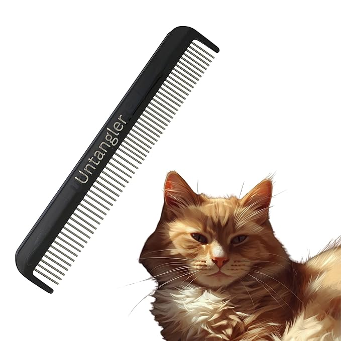 Cat Comb with silky smooth rotating teeth- clears mats gently and easily (5" has ultra fine spaced teeth; 7" dual-spaced teeth) (Onyx Black, 7")